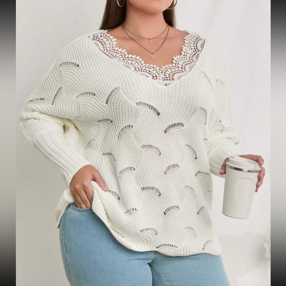 Boho Sheer Mesh Lace V Neck Long Cuff Sleeve Knit Sweater Top - Picture 4 of 5